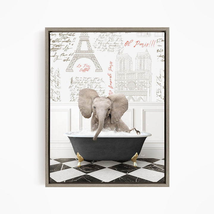 A gray elephant is sitting in a bathtub filled with water, surrounded by a checkered floor and a wall with various inscriptions and illustrations.