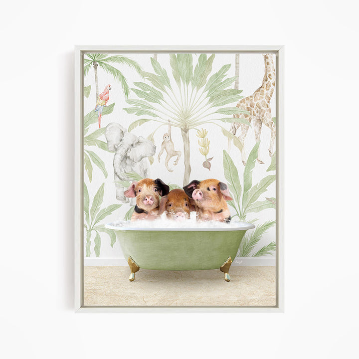 A framed print depicting three pigs sitting in a green bathtub, surrounded by tropical foliage and animals such as a giraffe and a parrot.