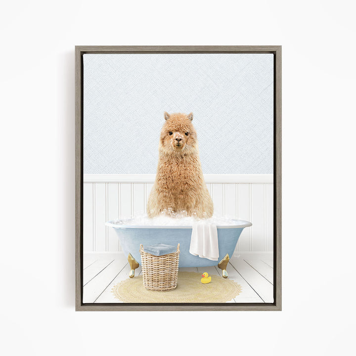 A fluffy brown dog sitting in a blue bathtub filled with bubbles, surrounded by a yellow rubber duck and a basket.