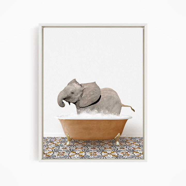 A gray elephant is sitting in a bathtub filled with water, surrounded by a patterned tile floor.