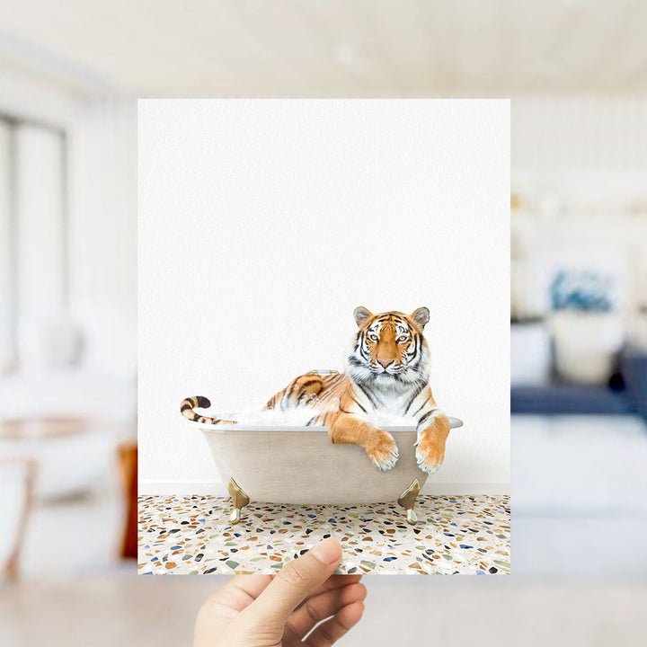 A tiger resting in a bathtub, surrounded by a mosaic floor.