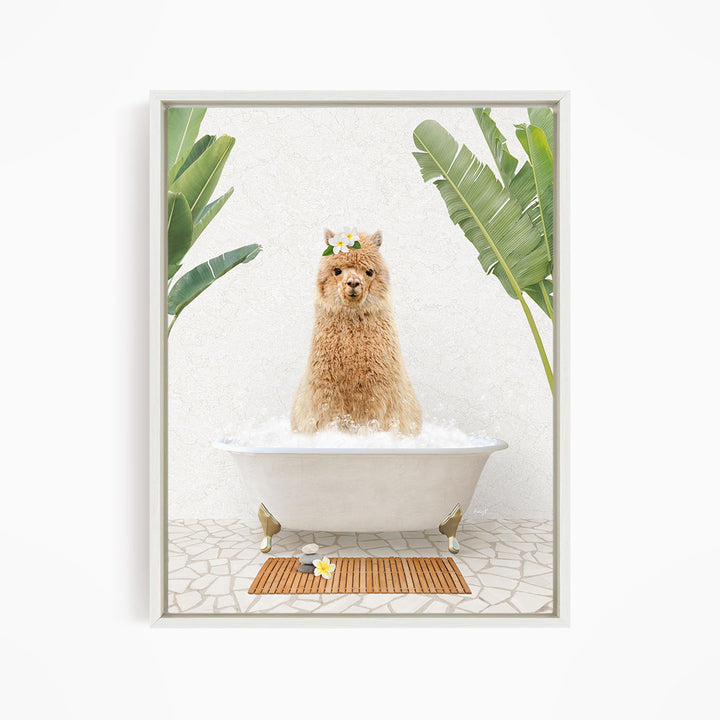 A fluffy brown dog sitting in a white bathtub filled with bubbles, surrounded by tropical plants and a wooden mat on the floor.