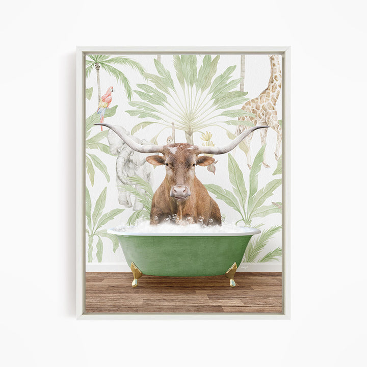 A brown cow with large horns is sitting in a green bathtub, surrounded by tropical foliage and a giraffe in the background.