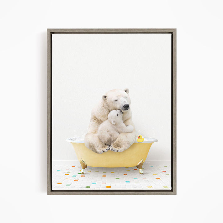 A polar bear and its cub are sitting together in a yellow bathtub, with a rubber duck floating in the water.