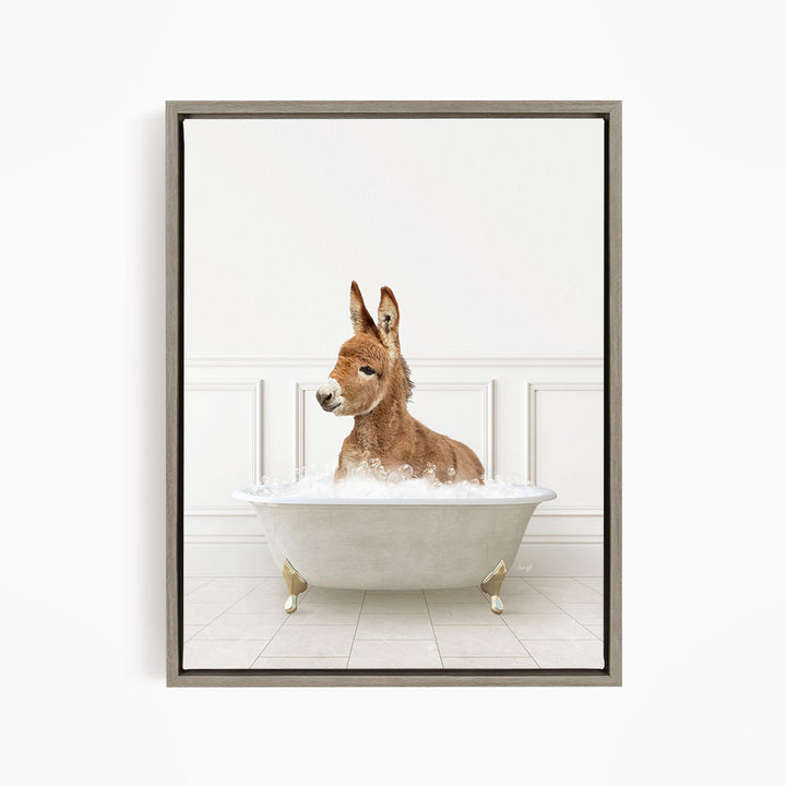A donkey is sitting in a white bathtub filled with water, creating a playful and whimsical scene.