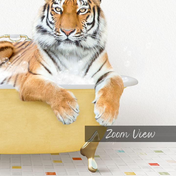 A tiger resting in a yellow bathtub, surrounded by bubbles, with the text "Zoom View" overlaid on the image.