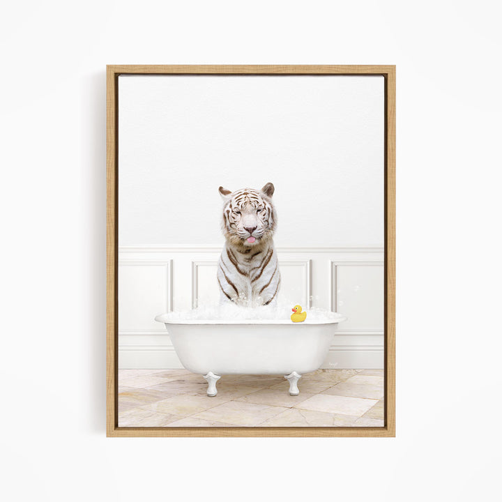 A white tiger is sitting in a white bathtub filled with water, with a rubber duck floating nearby.