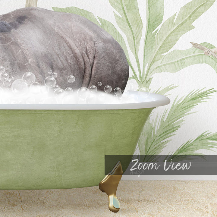 A large gray elephant is sitting in a green bathtub filled with bubbles, surrounded by a tropical plant backdrop.