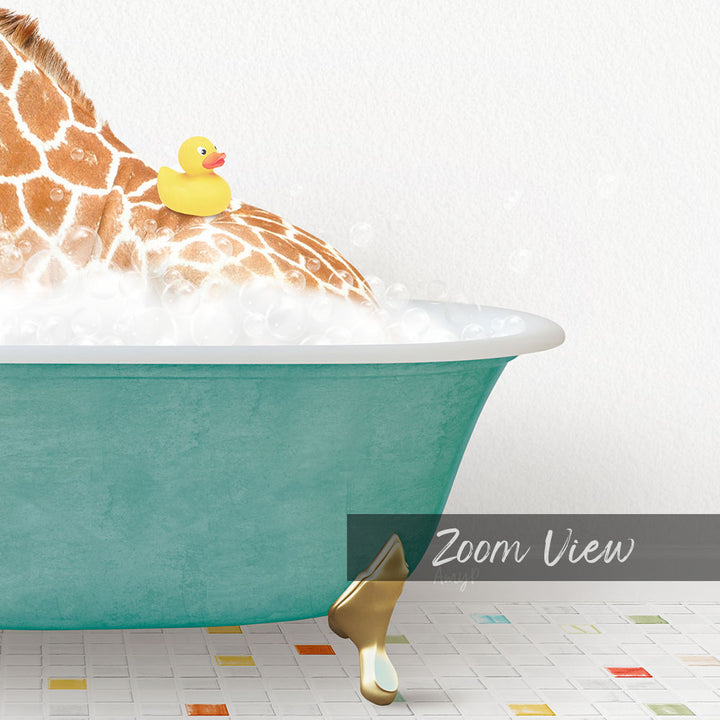 A giraffe sitting in a bathtub filled with bubbles, with a rubber duck floating on the water.