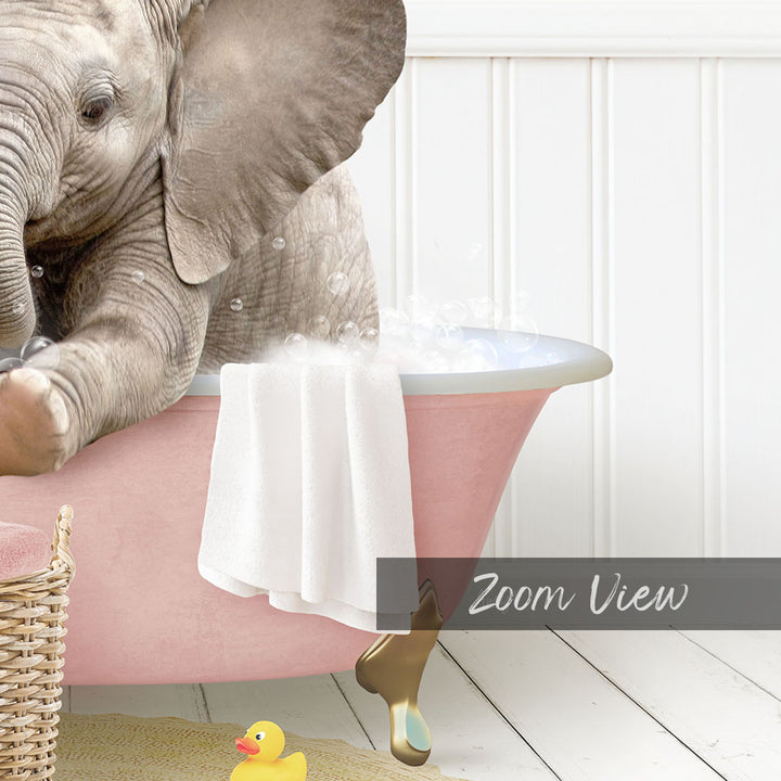 A baby elephant sitting in a pink bathtub, surrounded by a yellow rubber duck and a white towel.