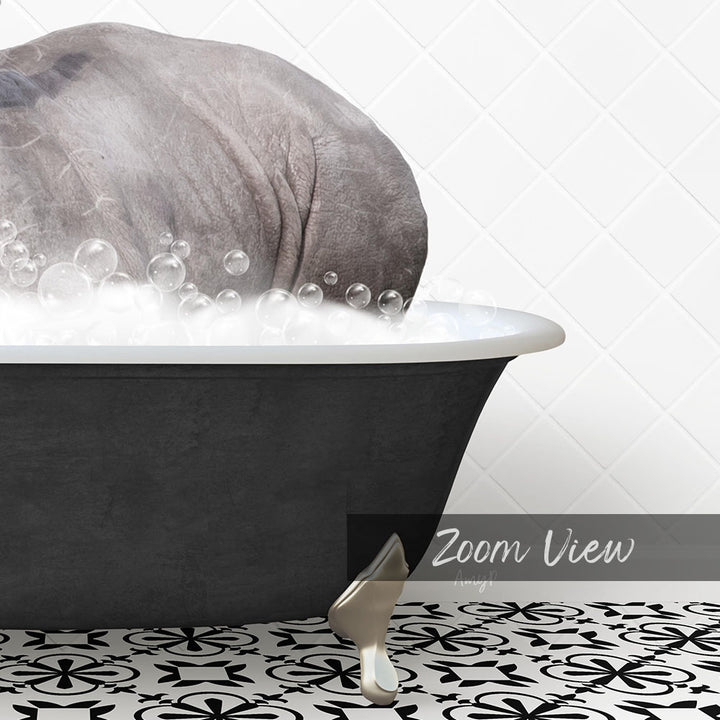 A large gray rhinoceros is sitting in a bathtub filled with bubbles, with a black and white patterned floor in the foreground.