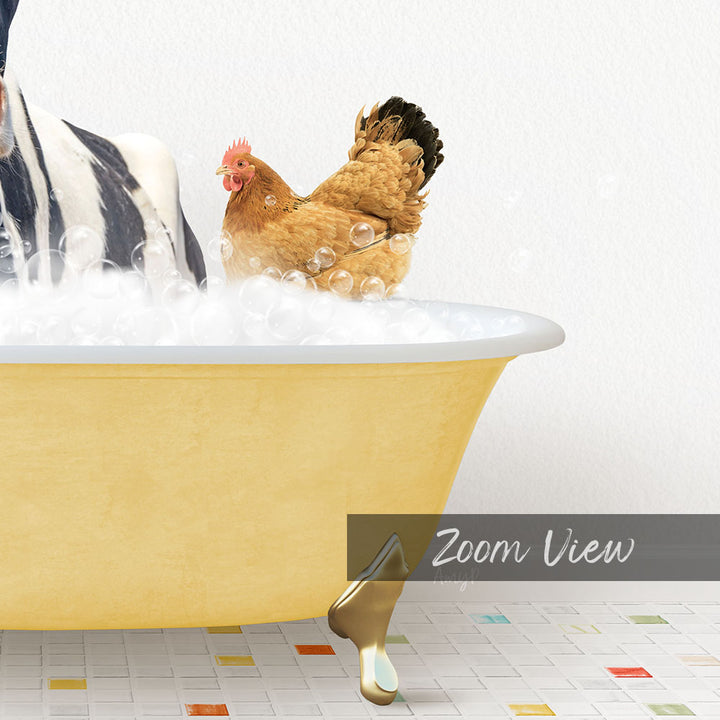 A yellow bathtub filled with bubbles, with a chicken standing inside and enjoying the bath.