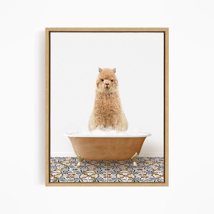 A fluffy brown dog sitting in a bathtub filled with bubbles, surrounded by a patterned tile floor.