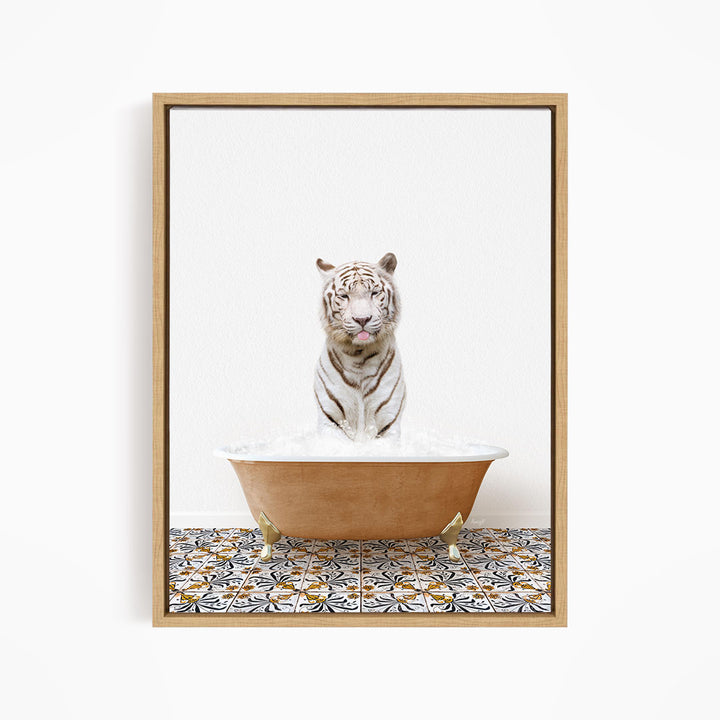 A white tiger sitting in a bathtub filled with water, surrounded by a patterned tile floor.