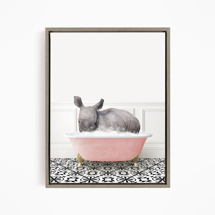 A rhinoceros is sitting in a pink bathtub filled with water, creating a whimsical and playful scene.