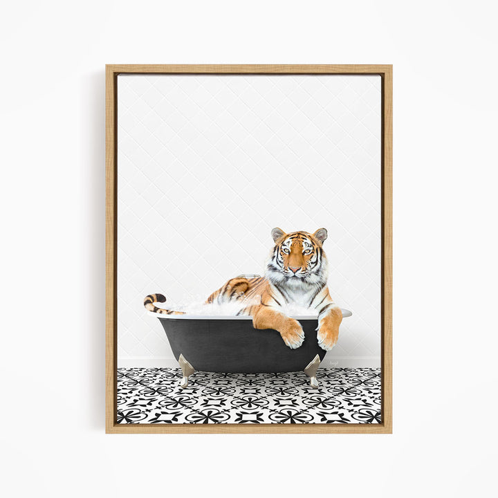 A tiger is sitting in a bathtub filled with water, surrounded by a black and white patterned floor.