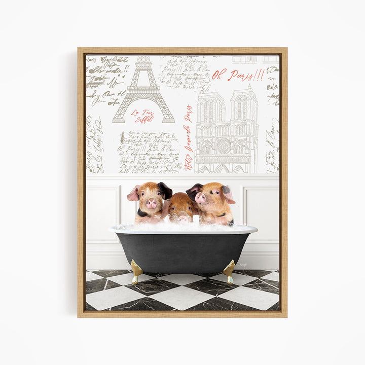 Three adorable pigs sitting in a bathtub, surrounded by a decorative wall with the Eiffel Tower and other Parisian landmarks.