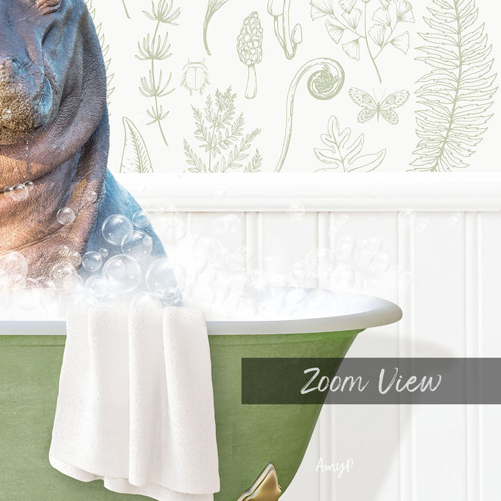 A close-up of a hippopotamus sitting in a bathtub filled with bubbles, with a towel draped over the side and a "Zoom View" label below the image.