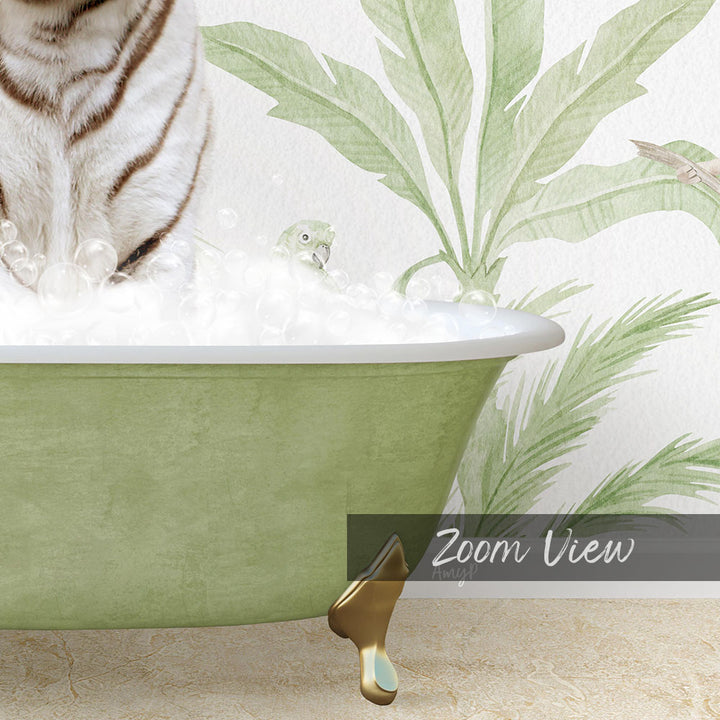 A white tiger is sitting in a green bathtub filled with bubbles, with a bird perched on the rim of the tub.