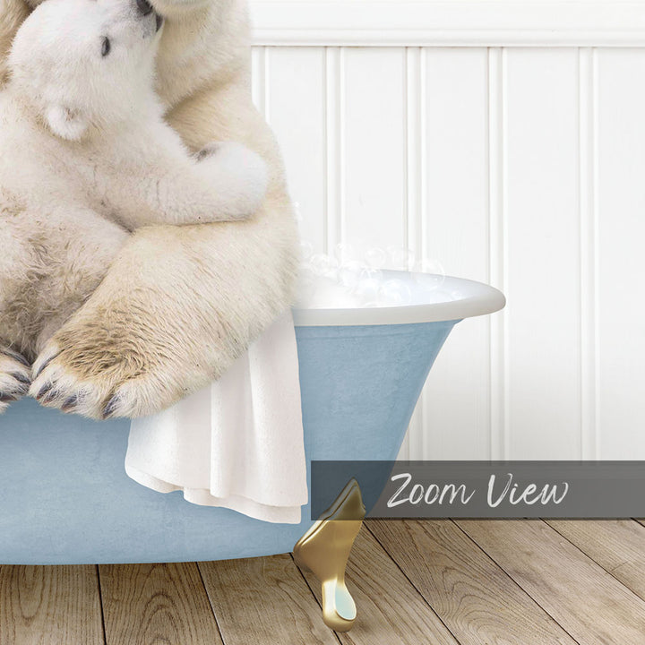 A polar bear sitting in a bathtub, with another polar bear sitting on its lap, creating a heartwarming scene.