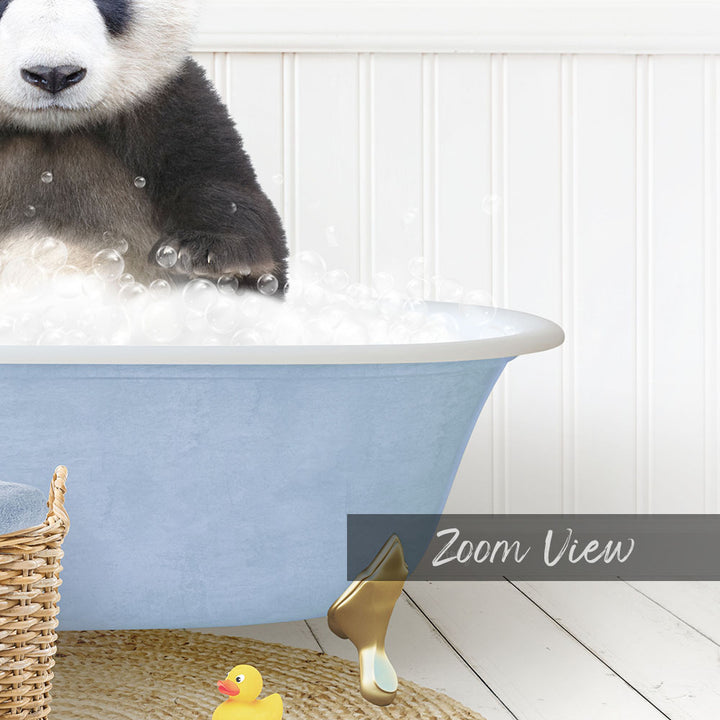 A panda bear sitting in a blue bathtub filled with bubbles, surrounded by toys and a basket.