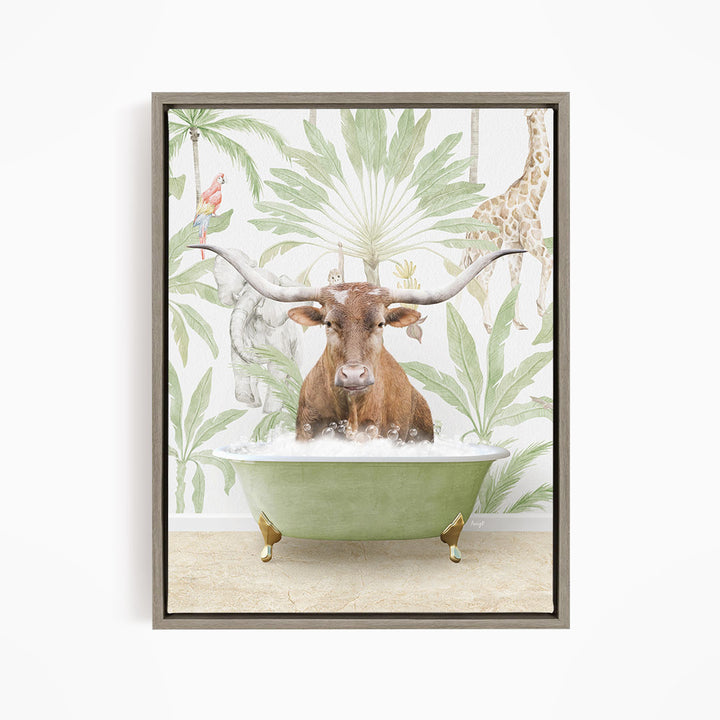 A brown cow with large horns is sitting in a green bathtub filled with water, surrounded by tropical plants and animals such as a giraffe and a parrot.