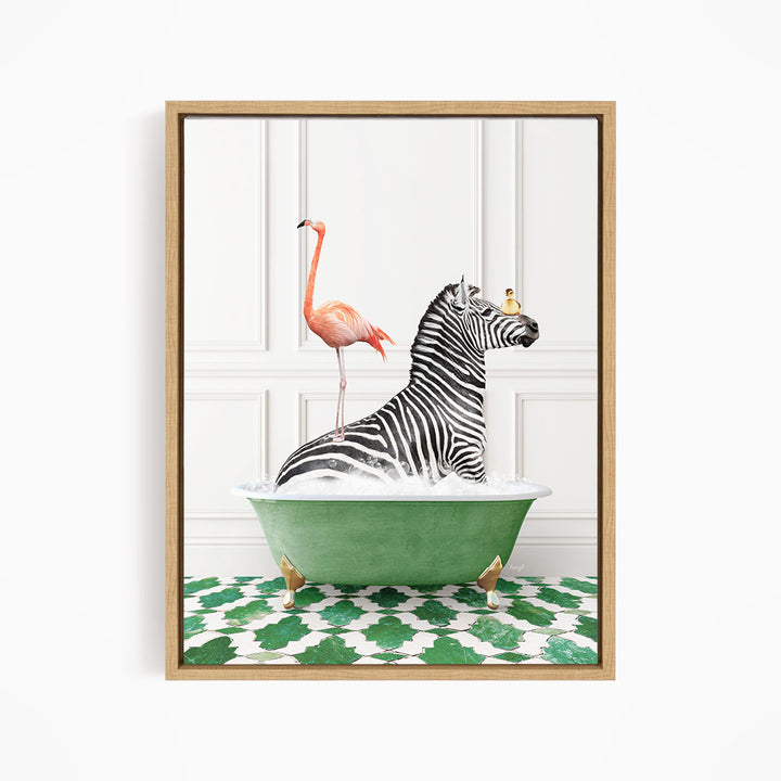 A zebra is sitting in a green bathtub, with a pink flamingo standing on its back legs and a bird perched on its head.