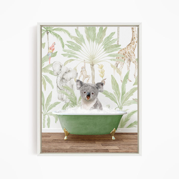 A koala is sitting in a green bathtub, surrounded by a tropical jungle scene with palm trees, giraffes, and other animals.