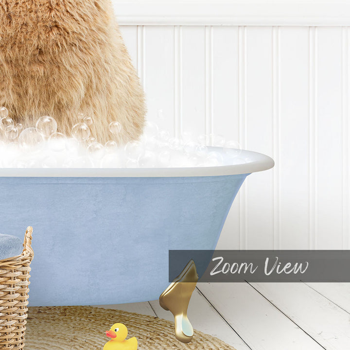 A fluffy brown dog is sitting in a blue bathtub filled with bubbles, surrounded by a yellow rubber duck and a basket.