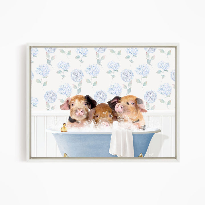 Three adorable pigs sitting in a blue bathtub, enjoying a relaxing bath.