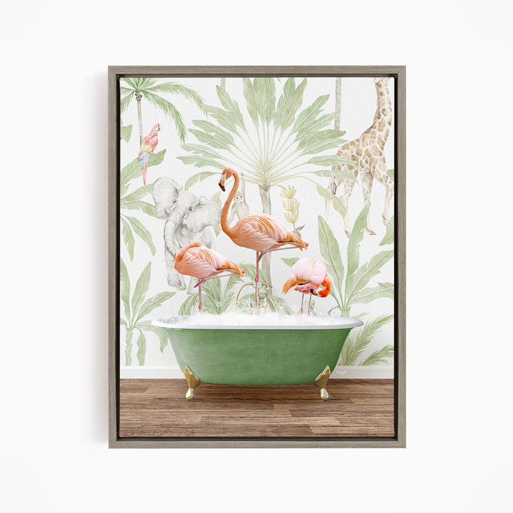 A framed print depicting a green bathtub filled with water, surrounded by a variety of colorful birds, including flamingos, parrots, and a giraffe, set against a tropical wallpaper background.