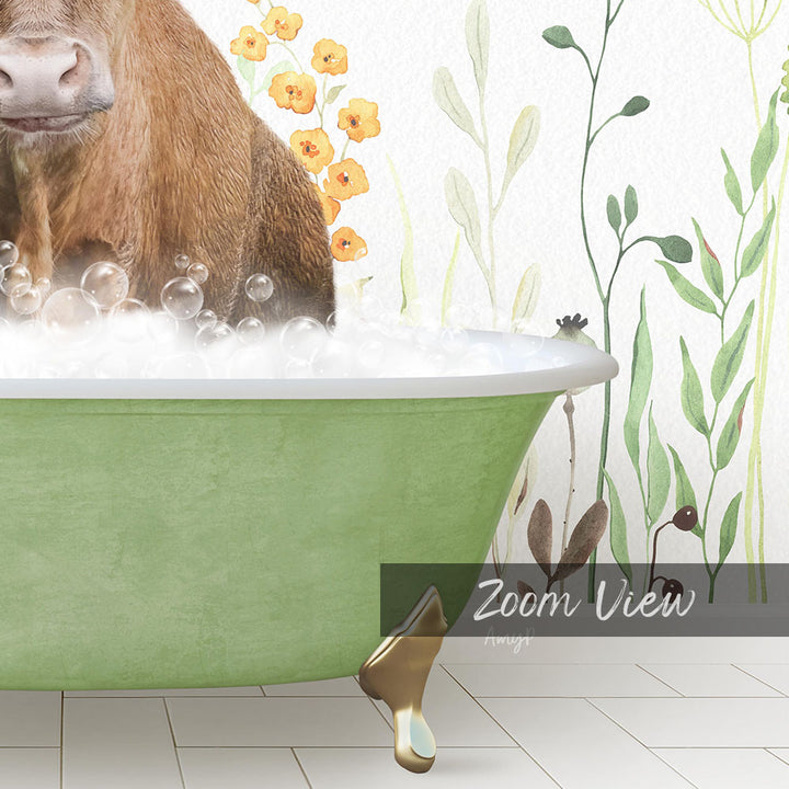 A cow is sitting in a green bathtub filled with bubbles, surrounded by a floral wall decoration.