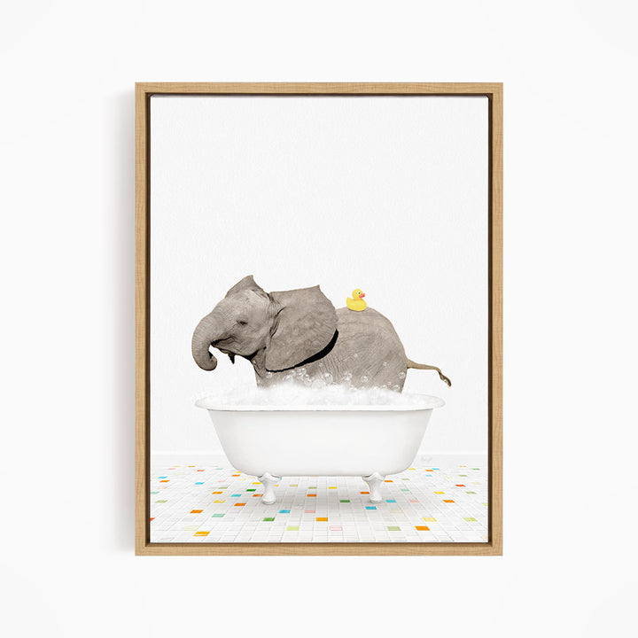 A gray elephant is standing in a white bathtub, with a yellow rubber duck perched on its back.