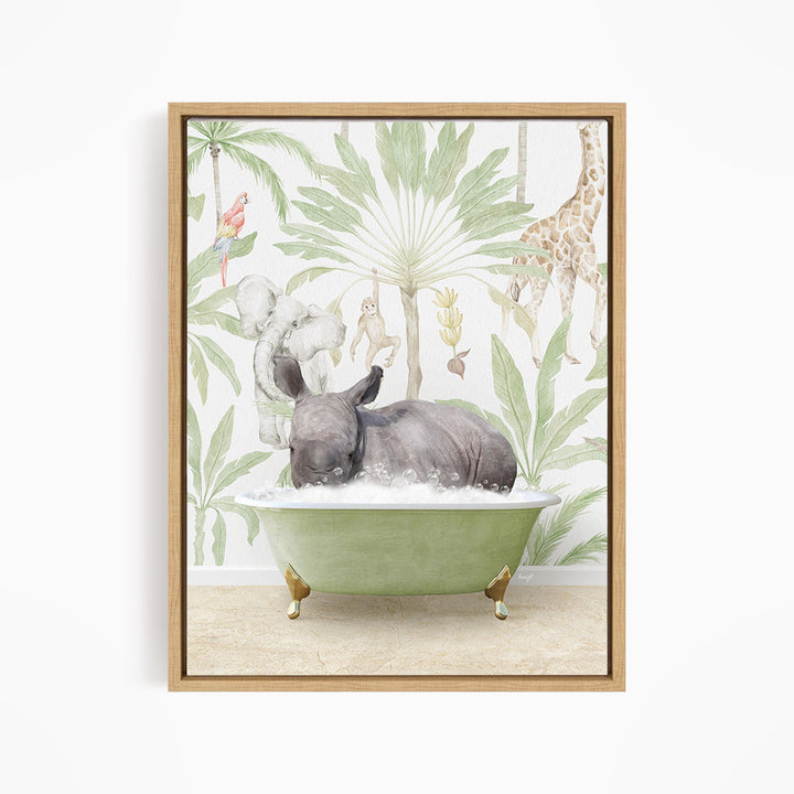 A rhinoceros is taking a bath in a green bathtub, surrounded by tropical foliage and animals, including a giraffe and a parrot.