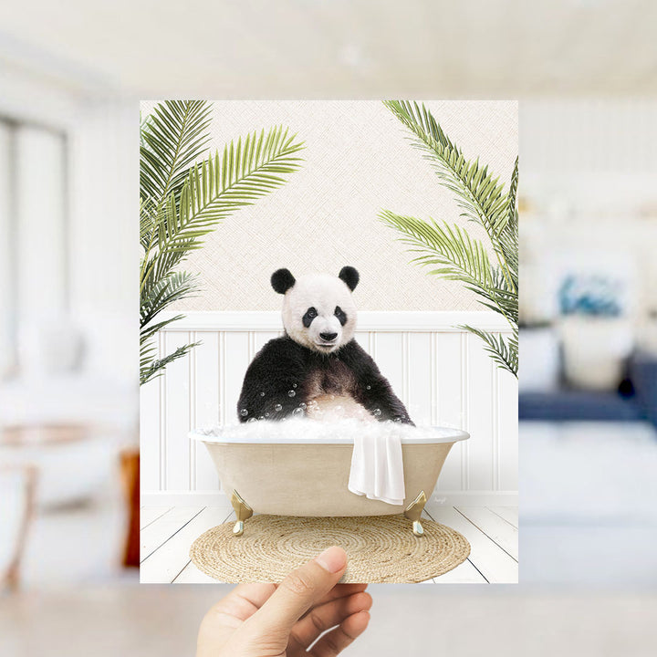 A panda bear sitting in a bathtub filled with bubbles, surrounded by green palm leaves, creating a whimsical and playful scene.