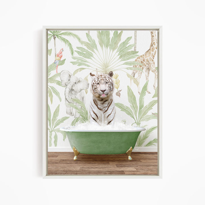 A white tiger is sitting in a green bathtub, surrounded by tropical foliage and animals, including a giraffe and a parrot.