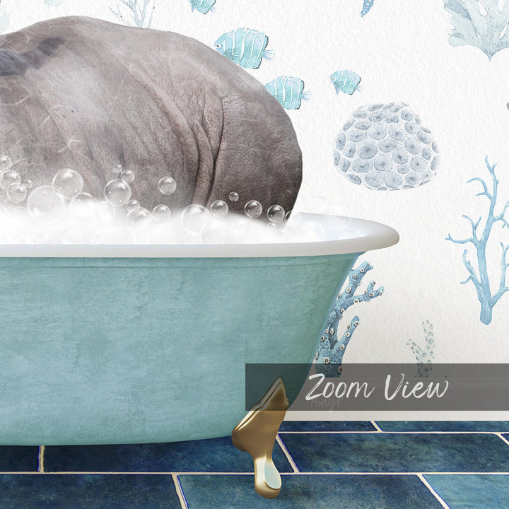 A large, gray rhinoceros is sitting in a blue bathtub filled with bubbles, surrounded by a blue and white underwater scene with fish and coral.