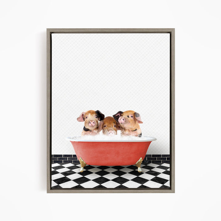 Three adorable pigs sitting in a red bathtub on a black and white checkered floor.