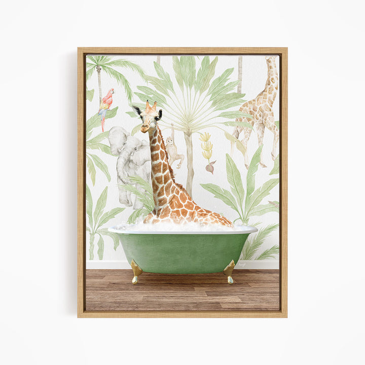 A giraffe is sitting in a green bathtub, surrounded by tropical foliage, including palm trees and other animals, creating a whimsical and playful scene.