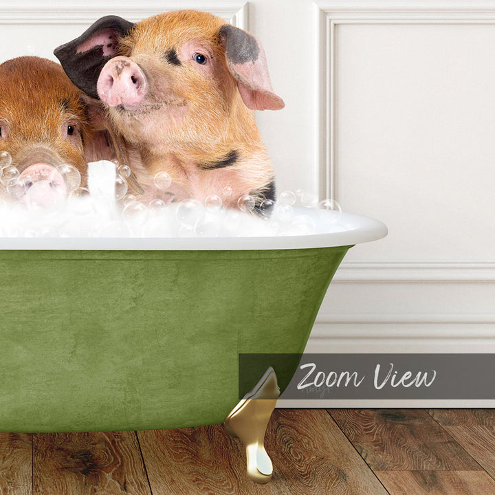 Two adorable pigs sitting in a green bathtub filled with bubbles, enjoying a bath together.