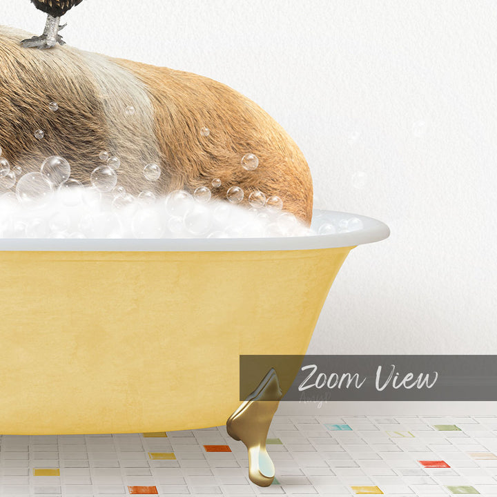 A dog is sitting in a yellow bathtub filled with bubbles, enjoying a relaxing bath.