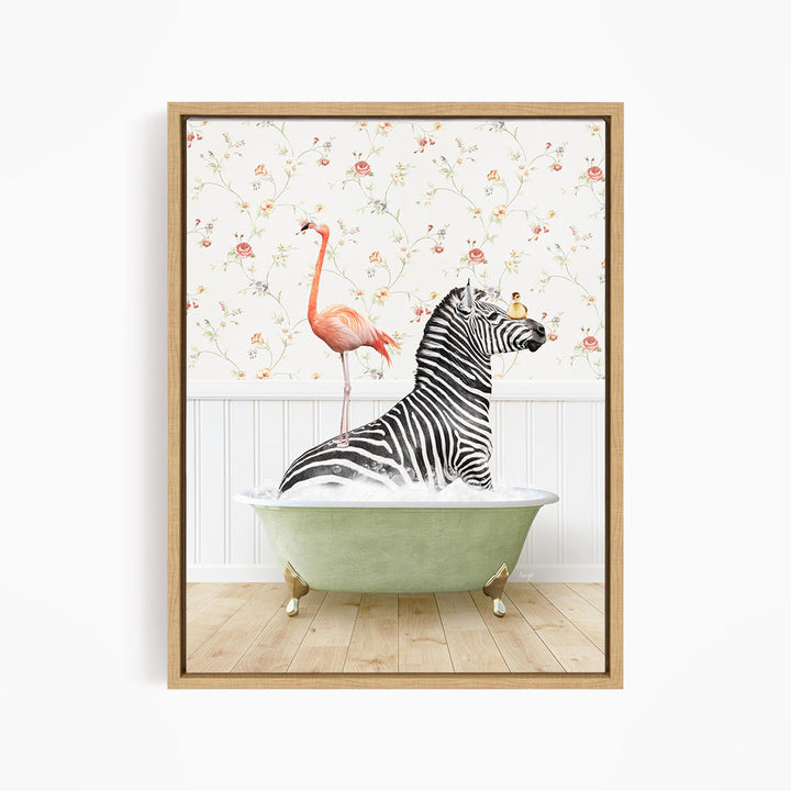 A zebra is sitting in a green bathtub, with a pink flamingo standing on its back and a bird perched on its head. The scene is set against a floral wallpaper backdrop.