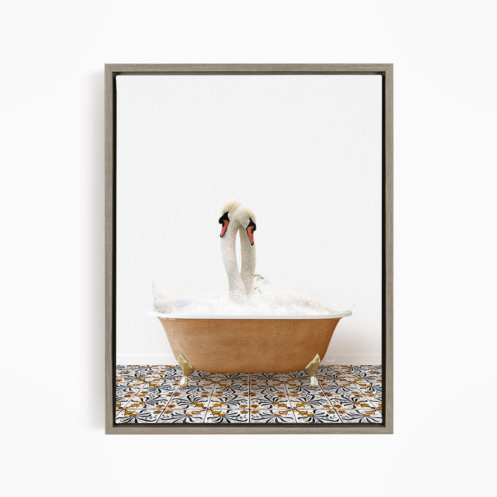 A pair of swans standing in a bathtub filled with bubbles, creating a whimsical and serene scene.