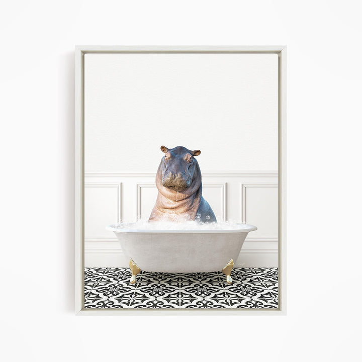 A hippopotamus sitting in a bathtub filled with water, surrounded by a black and white patterned floor.