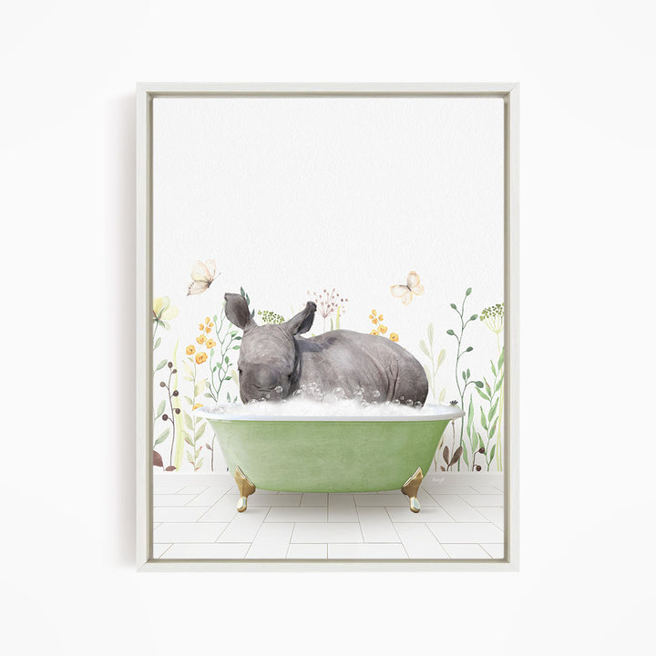 A gray elephant is sitting in a green bathtub filled with water, surrounded by flowers and butterflies.