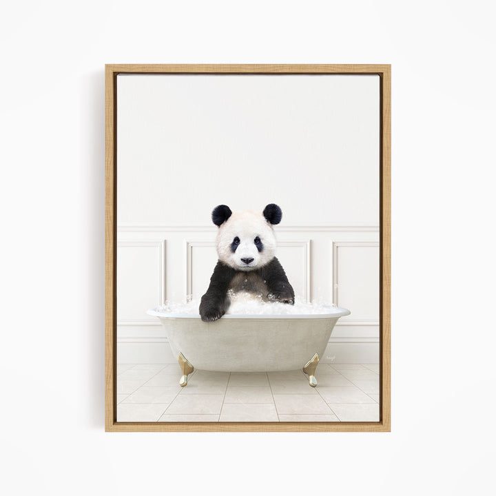 A panda bear sitting in a white bathtub filled with bubbles, creating a whimsical and playful scene.