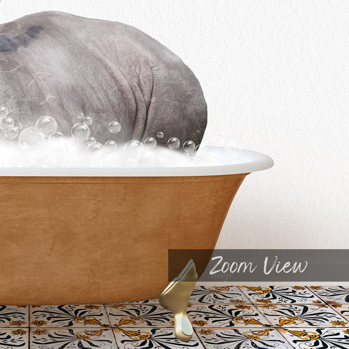 A large, brown bathtub filled with bubbles, with a small, gray elephant partially submerged in the water.