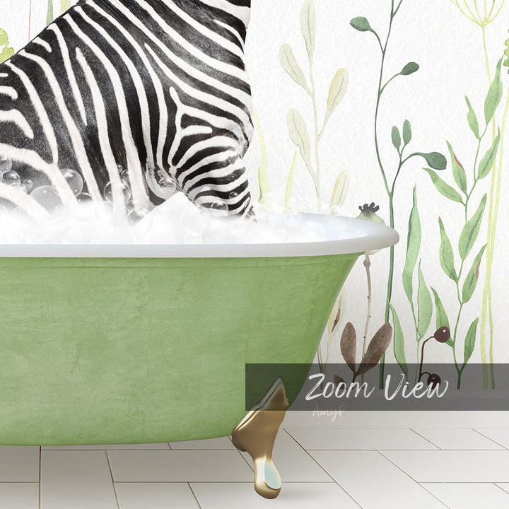 A zebra standing in a green bathtub filled with water, surrounded by plants and flowers.