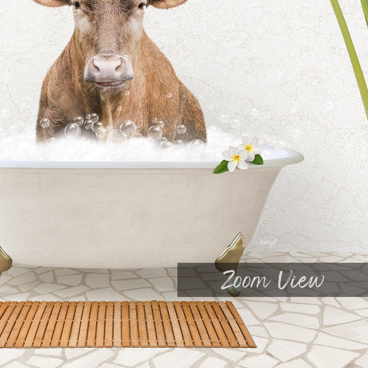 A cow is sitting in a bathtub filled with bubbles, surrounded by a wooden mat and a text overlay that reads "Zoom View".