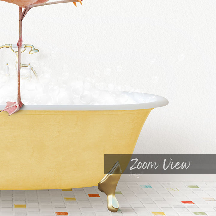 A yellow claw-foot bathtub filled with bubbles, with a pink bird perched on the edge.